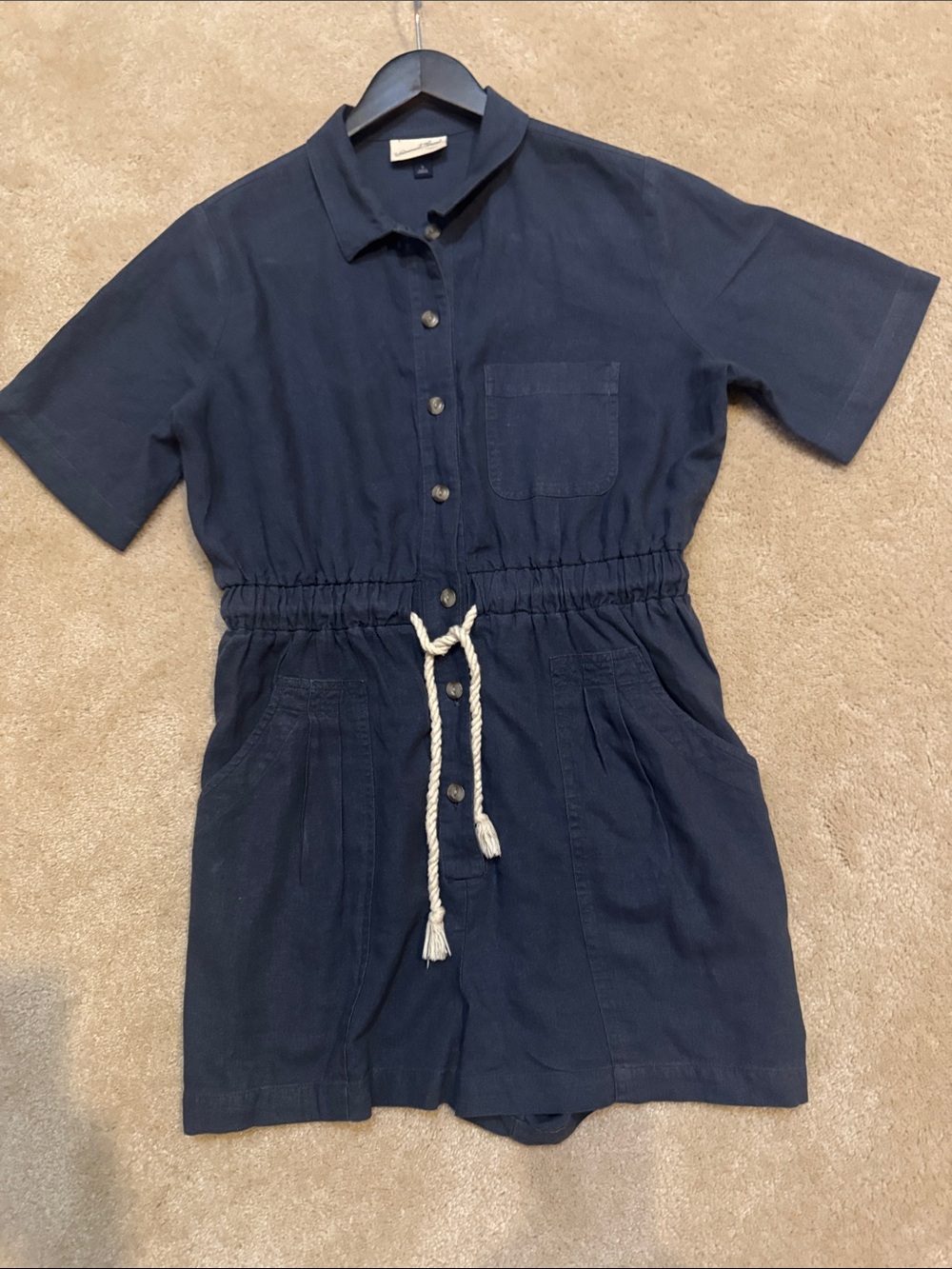 Universal Thread Navy Short-Sleeve Button Romper with Cream Drawstring